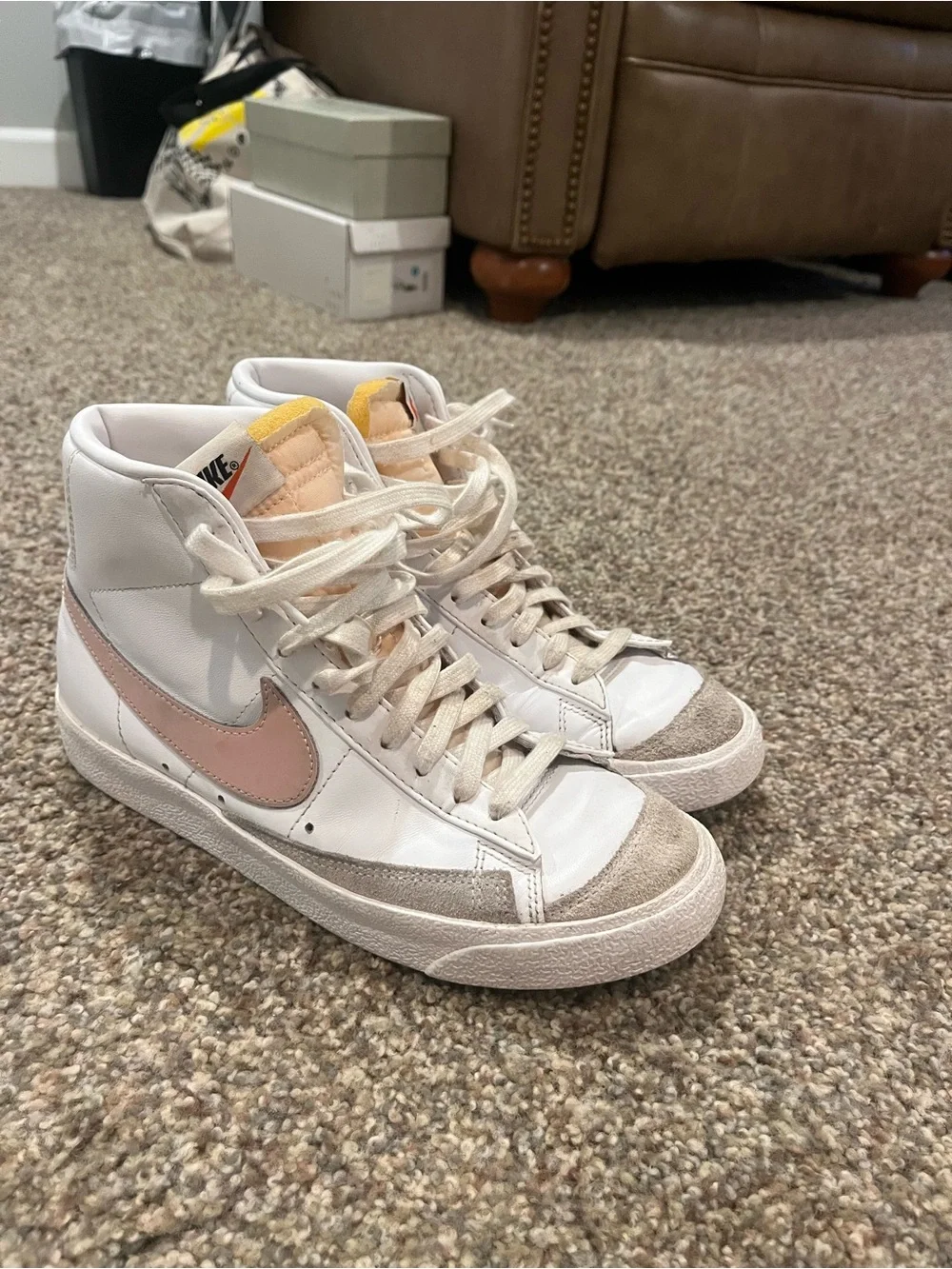 Nike Blazers Women’s High-Top White and Blush with Tan Suede